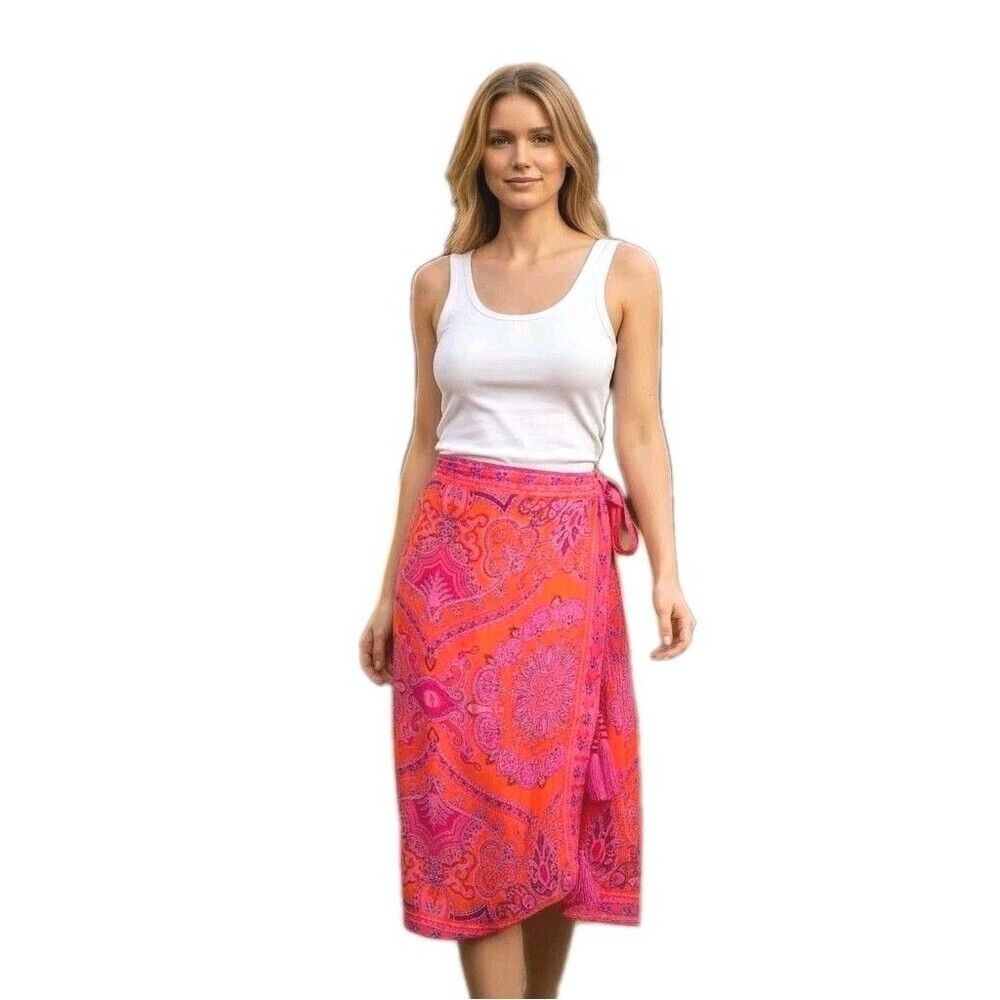Farm Rio Paisley Satin Midi Skirt Size Medium Pink Orange Tie Tassels Side Slit